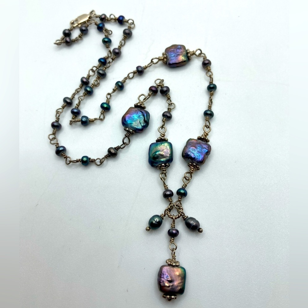 STERLING Black Pearl Link Chain Necklace Square & Round Pearls 925 Silver 17.5”